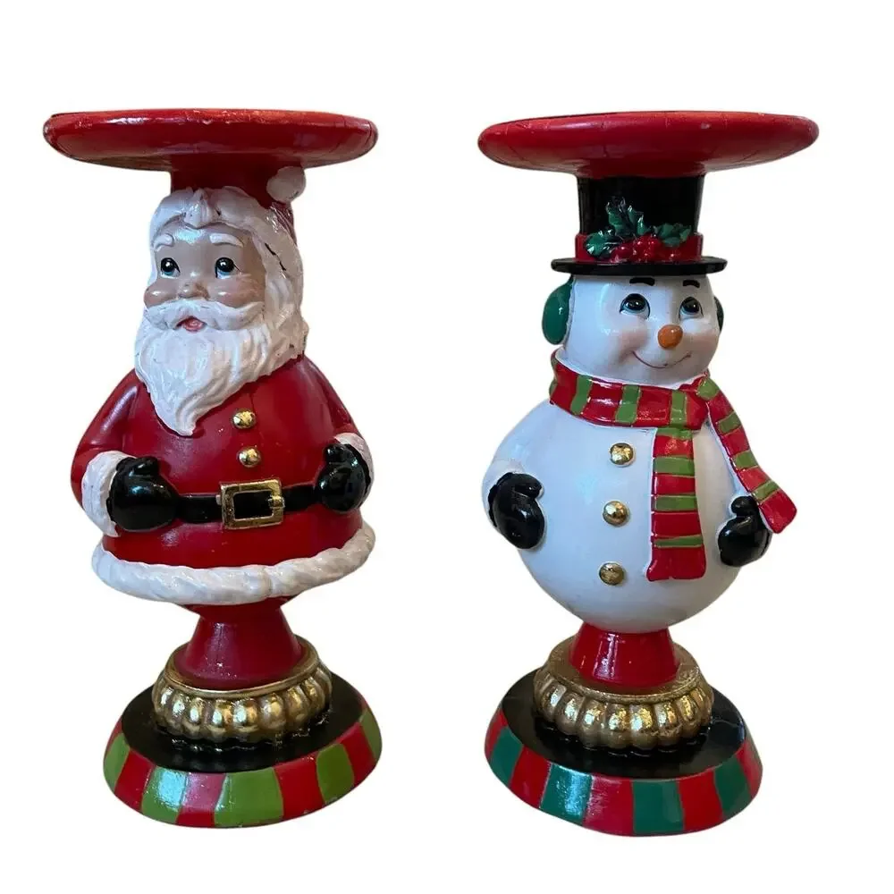 Martha Stewart Christmas Candle Holders 8.5in Santa & Snowman Holiday Decor New